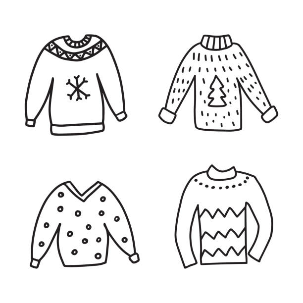 Hand drawn doodle sketch style vector illustration set of ugly Christmas sweaters. Isolated on white background. Hand drawn doodle sketch style vector illustration set of ugly Christmas sweaters. Isolated on white background winter cloth pictures stock illustrations