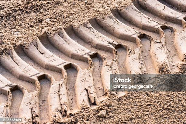 Industrial Tyre Track On Construction Site Stock Photo - Download Image Now - Tire Track, Tractor, Track - Imprint