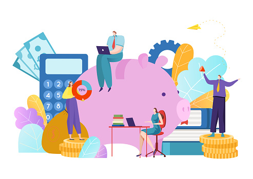 Group of people tiny business character sitting piggy bank, money monetary service company flat vector illustration, isolated on white. Concept management financial literacy, clerk office work.