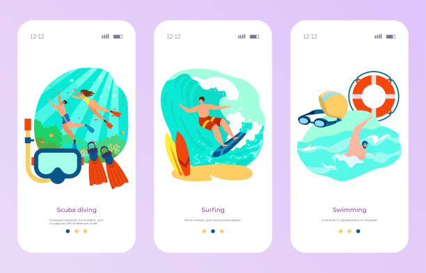 ilustrações de stock, clip art, desenhos animados e ícones de summer holiday sport scuba diving, surfing and ocean swimming online website landing template flat vector illustration, remote mobile application. - mobile phone internet business surfing