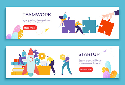 Teamwork business successful startup web banner set, company puzzle biz, rocket launch flat vector illustration read more button. Concept commercial colleague people work together office job employee.