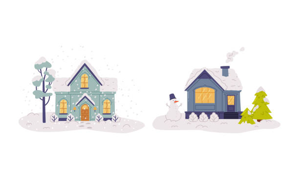 дере�вянные дома в зимнем пейзаже со светящимися окнами. снежные крыши и дым в дымоходе плоская векторная иллюстрация - blizzard house storm snow stock illustrations