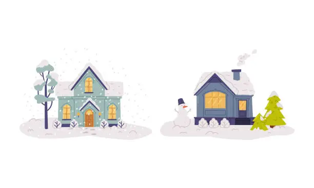 Vector illustration of Wooden houses in winter landscape with glowing windows. snowy rooftops and smoke in chimney flat vector illustration