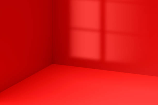 istock Red room wall corner interior modern design space 3d background of abstract window light scene studio backdrop or blank table simple floor showroom platform and colorful presentation display concept. 1445677297
