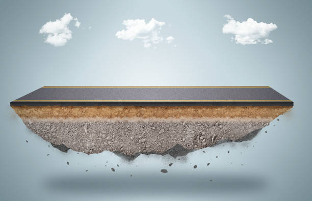 istock Fantasy floating road with soil surface isolated on background, flying asphalt road with sand ground 3D illustration. 1445677366