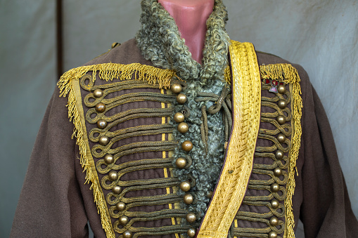 Hussar clothes. Soldier's uniform. Vintage clothing. 19th century military uniforms. Details of delightful shape.