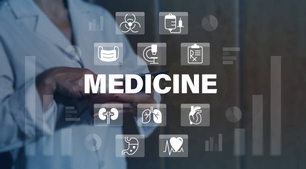 istock Medical statistical data closeup concept image with white glyph icons 1445678945