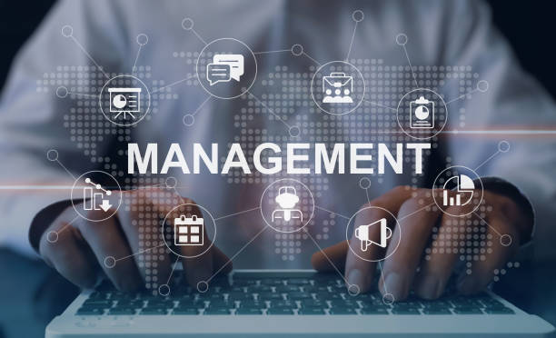 istock Corporate management closeup concept image with white glyph icons 1445678951