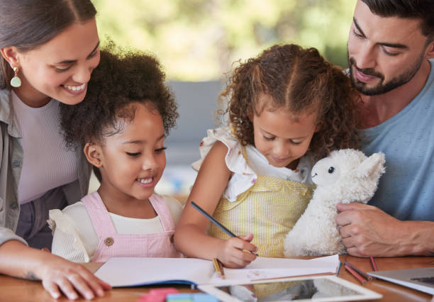 istock Children homework, family help and parents helping kids with school work, drawing in notebook and writing idea together in house. Kids learning creative education with mother and father in home 1445678989