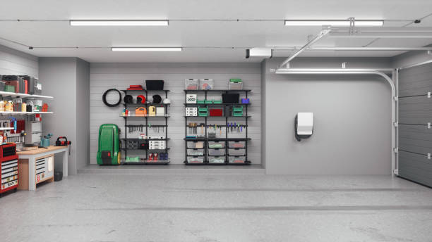 istock Modern Garage Interior With Electric Vehicle Charger 1445679769