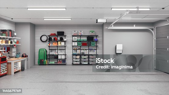 istock Modern Garage Interior With Electric Vehicle Charger 1445679769