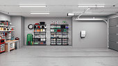Modern Garage Interior With Electric Vehicle Charger