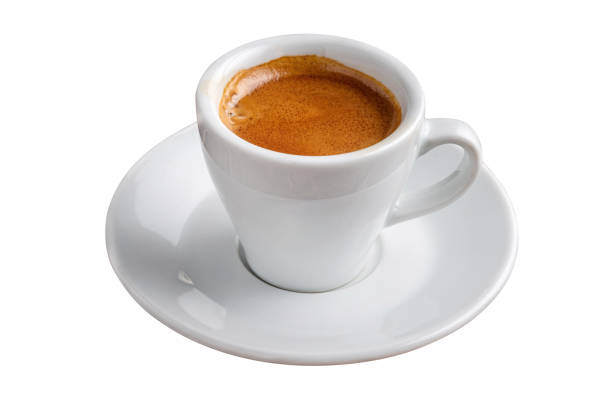 istock Fresh espresso in a white porcelain coffee cup on an isolated white background 1445681324