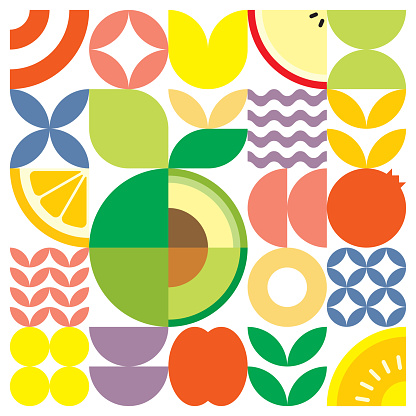Geometric summer fresh fruit artwork poster with colorful simple shapes. Flat abstract vector pattern design in Scandinavian style. Minimalist illustration of a green avocado on a white background.