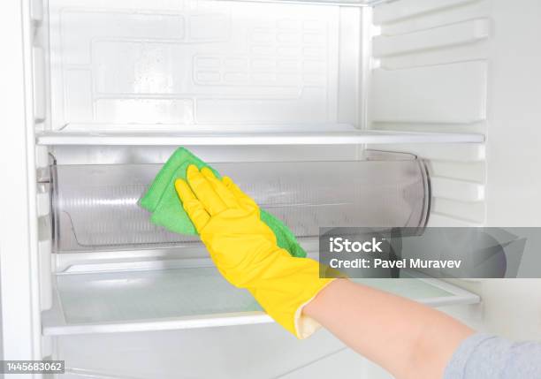 Hand Cleaning Refrigerator Person Washing Refrigerator With Rag Housekeeper Wipes Shelves Of Clean Refrigerator Hand In Yellow Rubber Protective Glove And Green Sponge Washes Stock Photo - Download Image Now