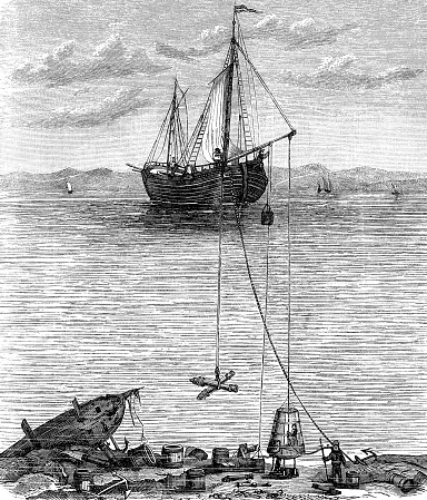 The diving bell is a pressure rigid chamber for transport safely workers to the underwater site. The English astronomer Halley at the end of 17th century improved the diving bell with barrels in order to replenish the air supply.