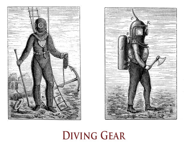 Vintage illustration describing the diving gear to work comfortably underwater