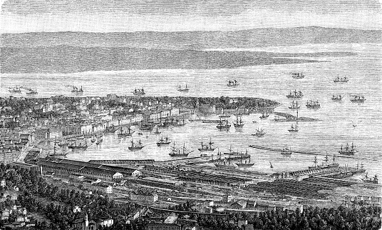Panoramic view of Trieste harbor on the Adriatic sea, docks commercial area and cityscape, 19th century