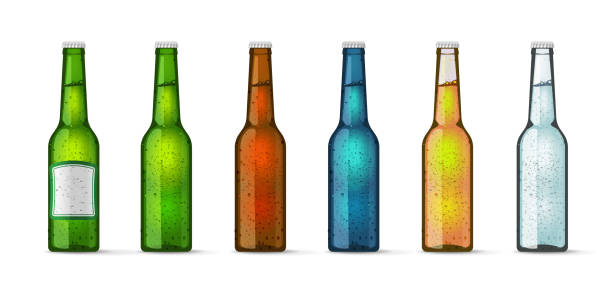 ビール瓶ガラスベクトルセット空白空のモックアップパッケージテンプレート3dまたはレモネードソーダ水飲料冷たい新鮮な緑の茶色黄色青透明白いイラストリアルな画像 - set blue brown green点のイラスト素材／クリップアート素材／マンガ素材／アイコン素材