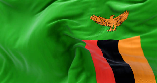 Close-up view of the Zambia national flag waving in the wind Close-up view of the Zambia national flag waving in the wind. The Republic of Zambia of Central and Southern Africa. Fabric textured background. Selective focus. 3d illustration zambia flag stock pictures, royalty-free photos & images