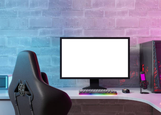 istock Monitor with blank white screen. Gaming at home. Computer mock up. Copy space for app, game, website presentation. Empty screen. Modern interior. Neon lights. Gamer place. 3D render. 1445686342