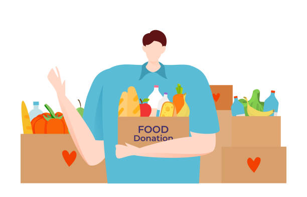 istock Volunteer employee assistant male character hold donation box with food support edible flat vector illustration, isolated on white. 1445688264