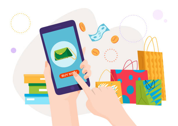 istock Human hand smartphone with shopping application, online remote shop app purchase clothes flat vector illustration, isolated on white. 1445688322