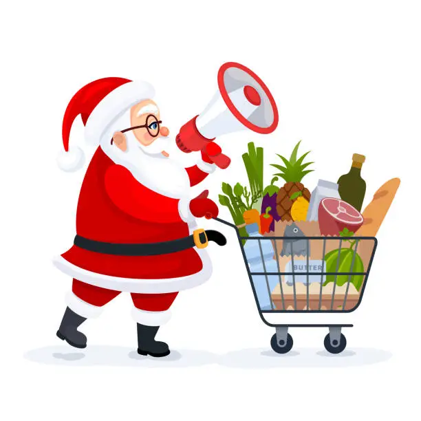 Vector illustration of Santa Claus character with shopping cart. Santa Claus is using a megaphone.
