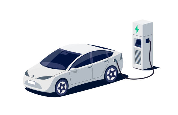 Modern Electric Car Charging Parking at the Charger Station vector art illustration