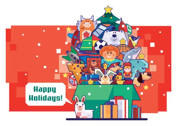 Vector illustration of carton of toys and Christmas tree