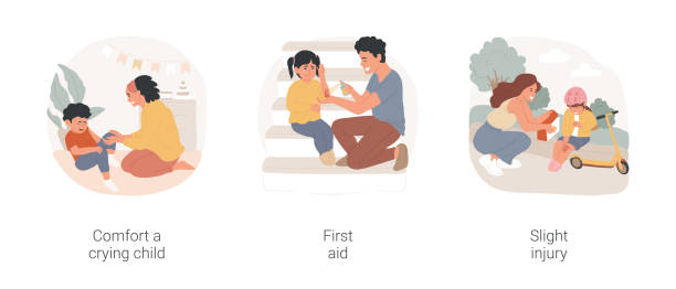 Child injury treatment isolated cartoon vector illustration set. Child injury treatment isolated cartoon vector illustration set. Parent comfort crying child, home first aid, puts bandage, treating childs wound, slight injury, patch on elbow vector cartoon. knee contusion bruised knee stock illustrations