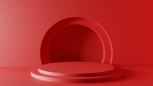 istock red podium and neon light in the red room.3d rendering. 1445694060