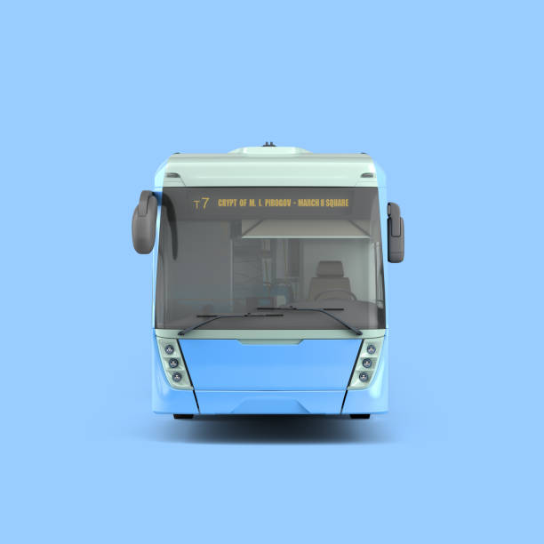 istock Front of blue city bus with open dors 3d render image on blue 1445696513