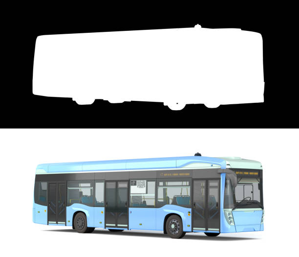 istock Empty blue city bus with open dors 3d render on white with alpha 1445696523