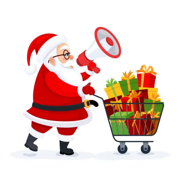 Vector illustration of Santa Claus using a megaphone. Santa Claus character with shopping cart full of gift boxes.