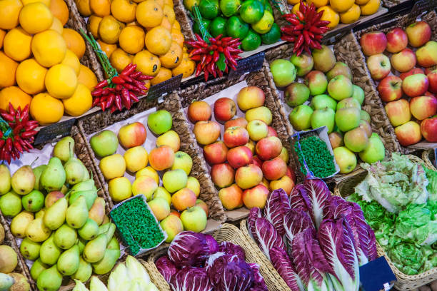 fresh food offered at the market stock photo