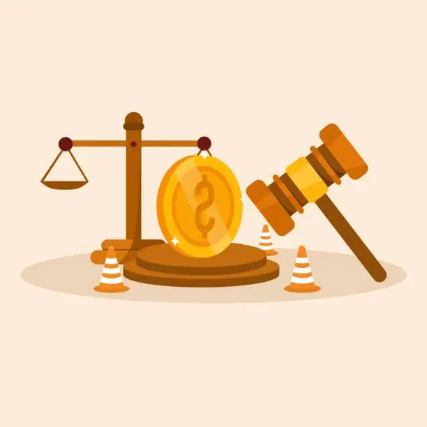 Vector illustration of law or law to compensate payment concept, hammer of justice with dollar bill symbol and crash pole
