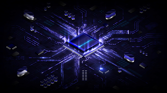 Abstract hardware and software background. Circuit board, Chip processor, Mainboard and code programmer. Hi-tech computer engineer. Cyberpunk tech and database coding. Blue neon light effect