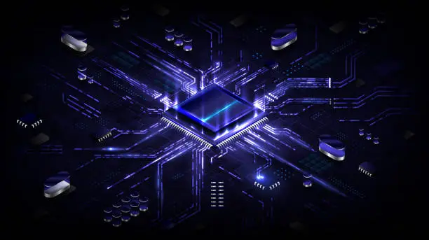 Vector illustration of Abstract hardware and software background. Circuit board, Chip processor, Mainboard and code programmer. Hi-tech computer engineer. Cyberpunk tech and database coding. Blue neon light effect