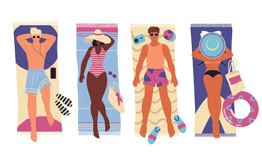 People sunbathing on a beach, vector banner. Beach lovers relaxing on the sun, top view. Lounging on the seaside or pool, resort recreation or summer vacation. Ladys resting, guys listening a music.