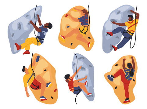 People or climbers climbing a rock wall, vector icons or cliparts set. Extreme sport, outdoors activity, climb workout or training. Alpine club or climbing gym. Bouldering or mountaineering.