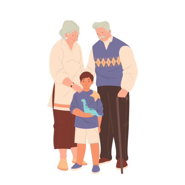 祖父母と孫、ベクターフラット家族写真 - senior couple senior adult embracing grandmother点のイラスト素材／クリップアート素材／マンガ素材／アイコン素材