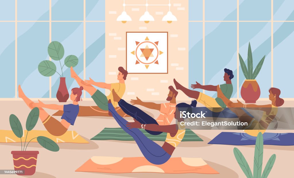 Практика йоги в студии или классе, векторный баннер - Векторная графика Йога класс роялти-фри