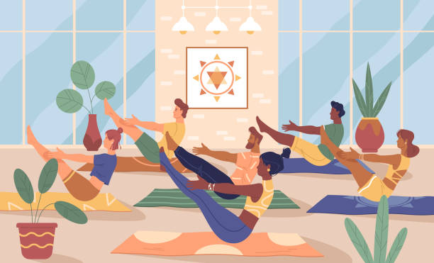 Yoga practice in studio or class, vector banner Yoga practice in studio, vector banner or background. People doing exercise or paripurna navasana in yoga class or yoga school. Body balance or stretching workout, sport training. Healthcare, therapy. yoga-studio stock illustrations