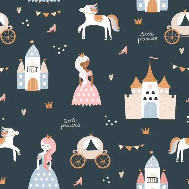 Vector illustration of Childish seamless pattern with princess, castle, carriage in scandinavian style. Creative vector childish navy background for fabric, textile