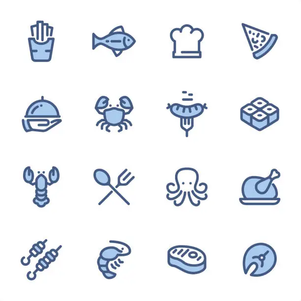 Vector illustration of Grilled Food & Seafood - Pixel Perfect blue line icons