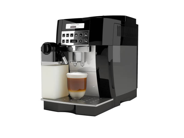 istock 3D illustration of automatic coffee machine with ready mug of cappuccino on white background no shadow 1445701647