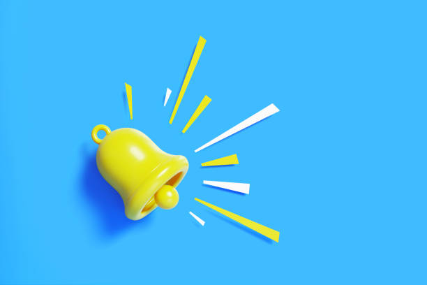 Yellow subscription bell on blue background. Horizontal composition with copy space. Subscription and notification concept.