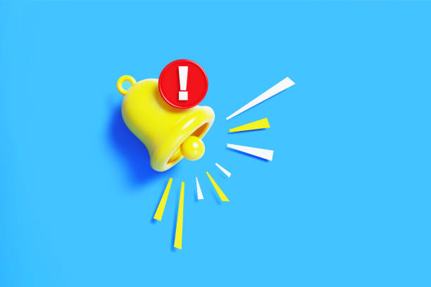 Yellow subscription bell and white exclamation point on blue background. Horizontal composition with copy space. Subscription and notification concept.