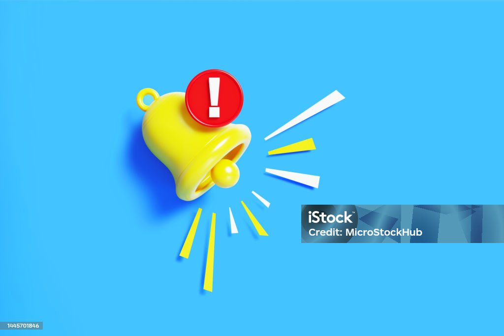 Subscription Concept - Yellow Notification Bell And White Exclamation Point On Blue Background Yellow subscription bell and white exclamation point on blue background. Horizontal composition with copy space. Subscription and notification concept. Alertness Stock Photo